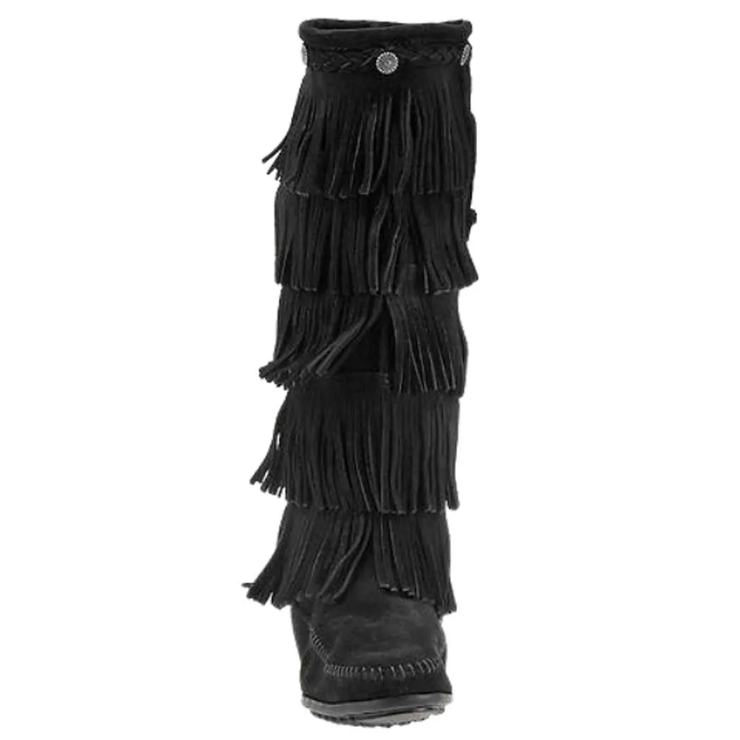 Minnetonka 5-Layer Fringe Boot Black Suede (Women's)