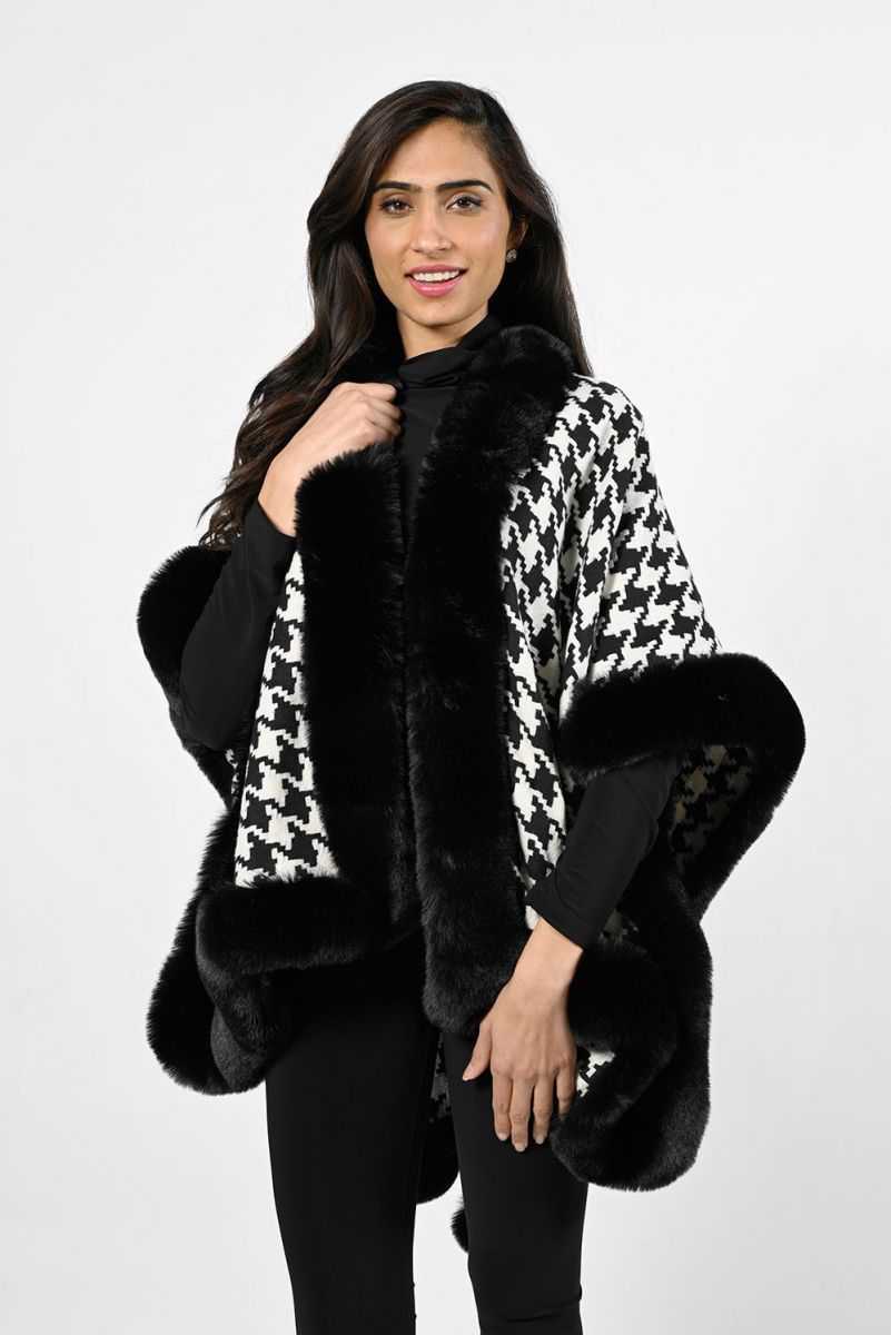 Monochrome houndstooth cape vegan trim