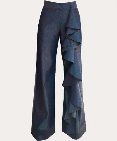 No Pise La Grama Women's Olas Ruffled High-Rise Denim Pants Cotton/Denim/Tencel