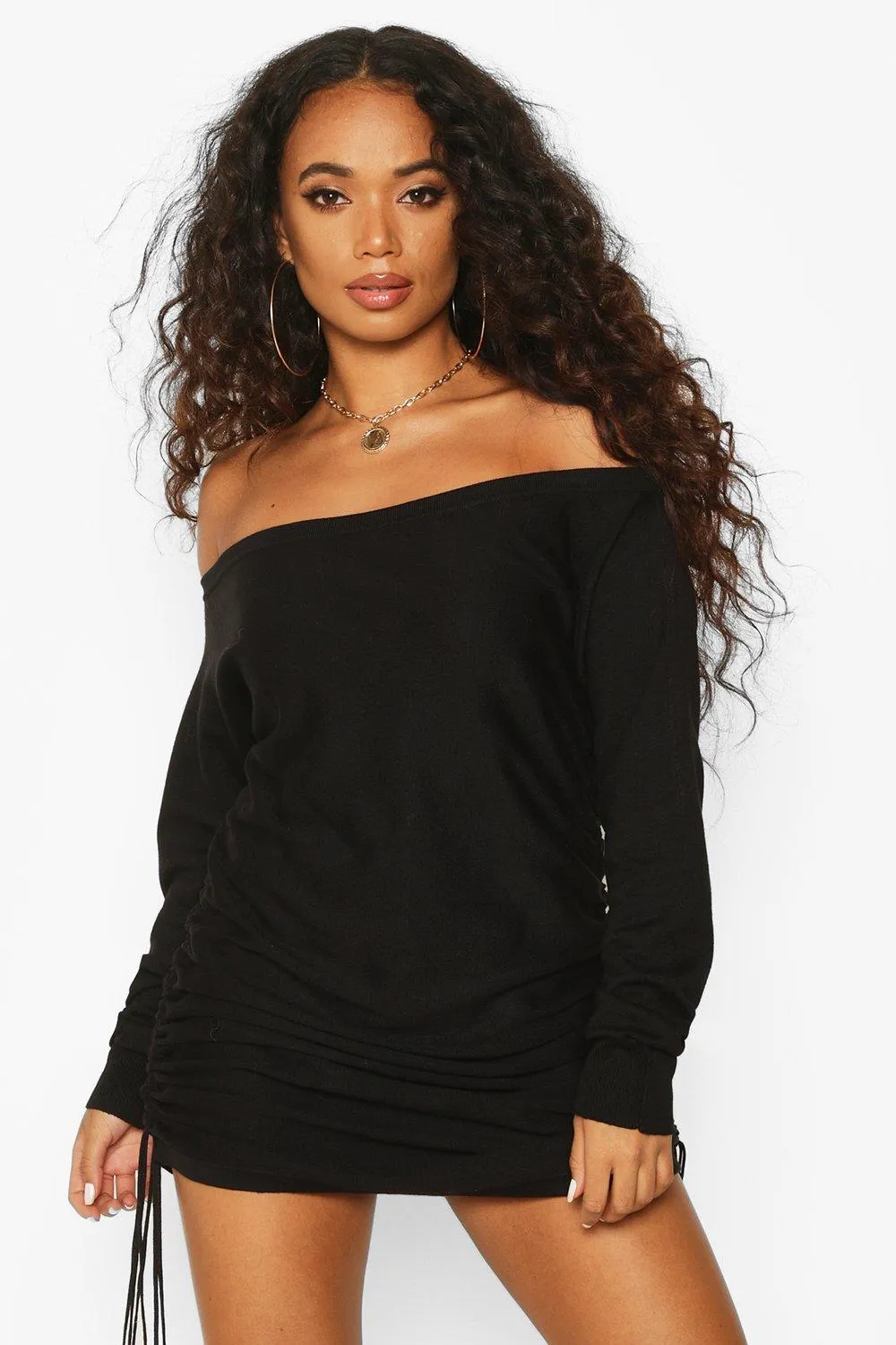 Petite Ruched Side Off The Shoulder Sweater Dress