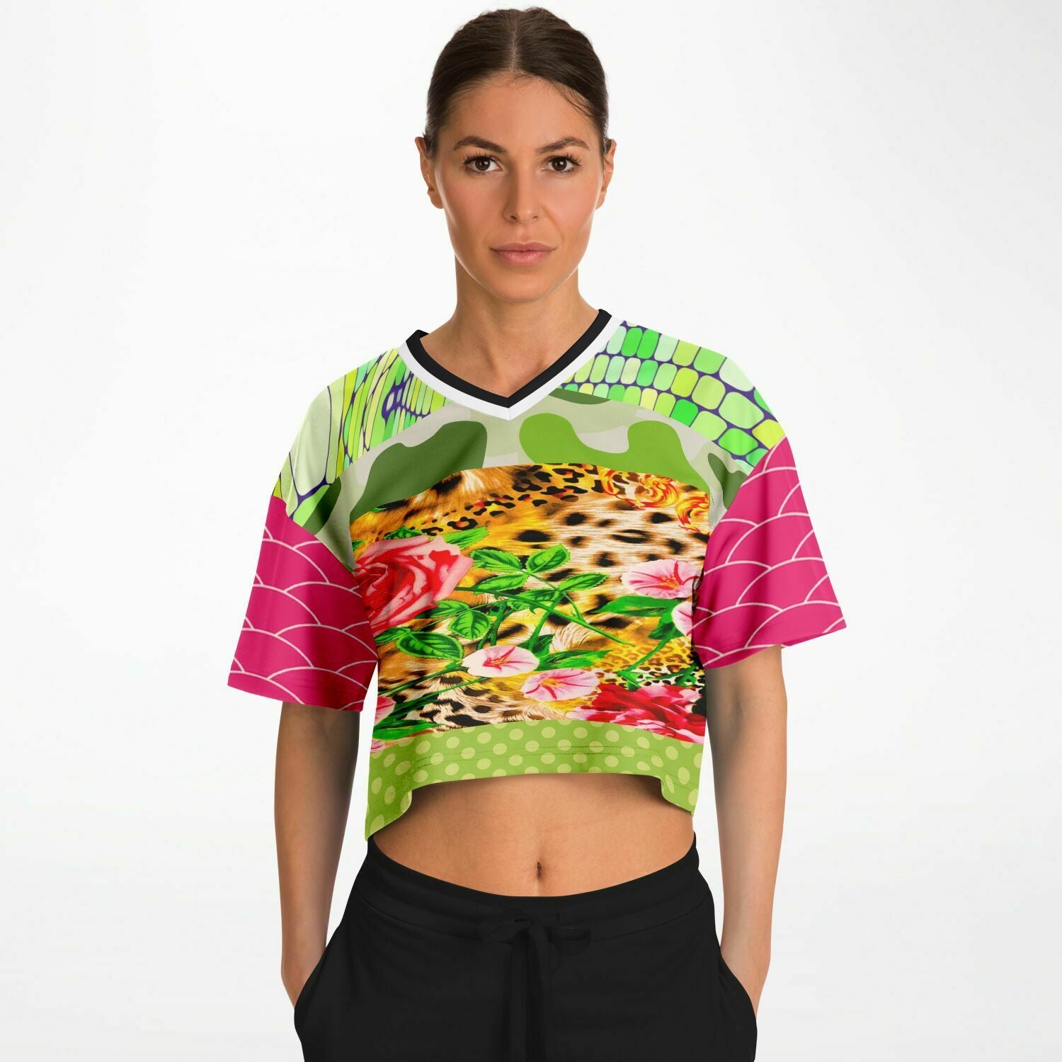 Pink Cerise Animal Print Patchwork Cropped Eco-Poly Jersey