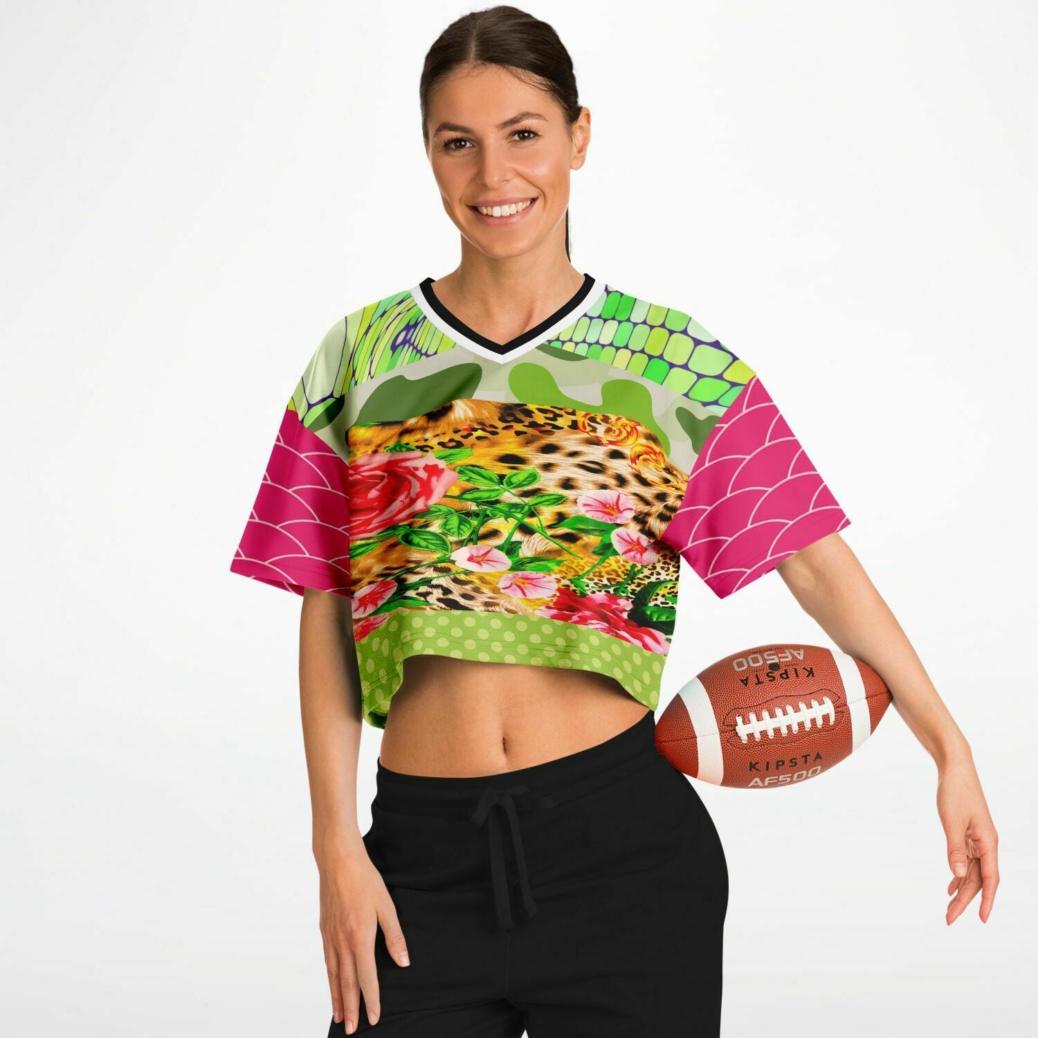 Pink Cerise Animal Print Patchwork Cropped Eco-Poly Jersey