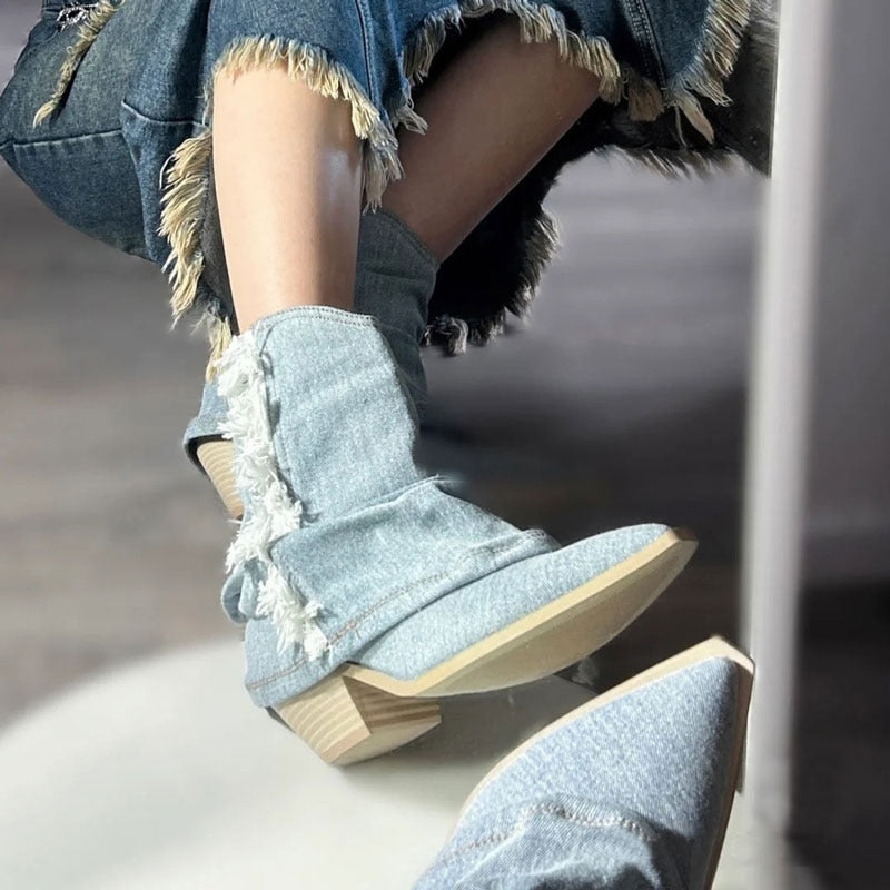 Pleats Blue Denim Thigh High Boots for Women 2023 Autumn Thick Heeled Pointed Toe Cowboy Boots Woman Slip On Western Long Boots