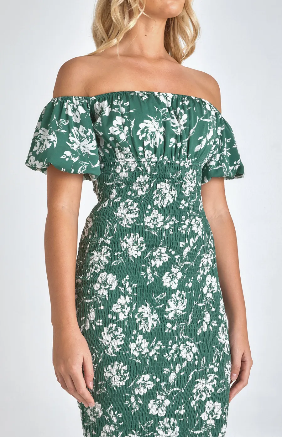 Printed Off the Shoulder Puff Sleeve Shirred Midi Dress (SDR1067A)