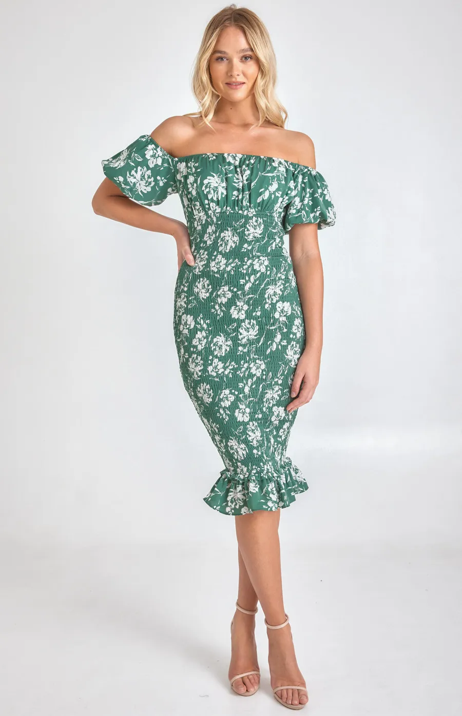 Printed Off the Shoulder Puff Sleeve Shirred Midi Dress (SDR1067A)