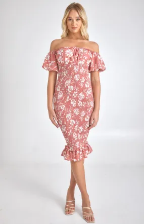 Printed Off the Shoulder Puff Sleeve Shirred Midi Dress (SDR1067A)