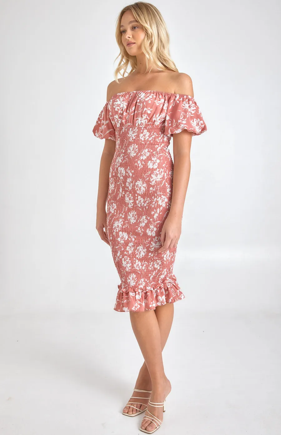 Printed Off the Shoulder Puff Sleeve Shirred Midi Dress (SDR1067A)