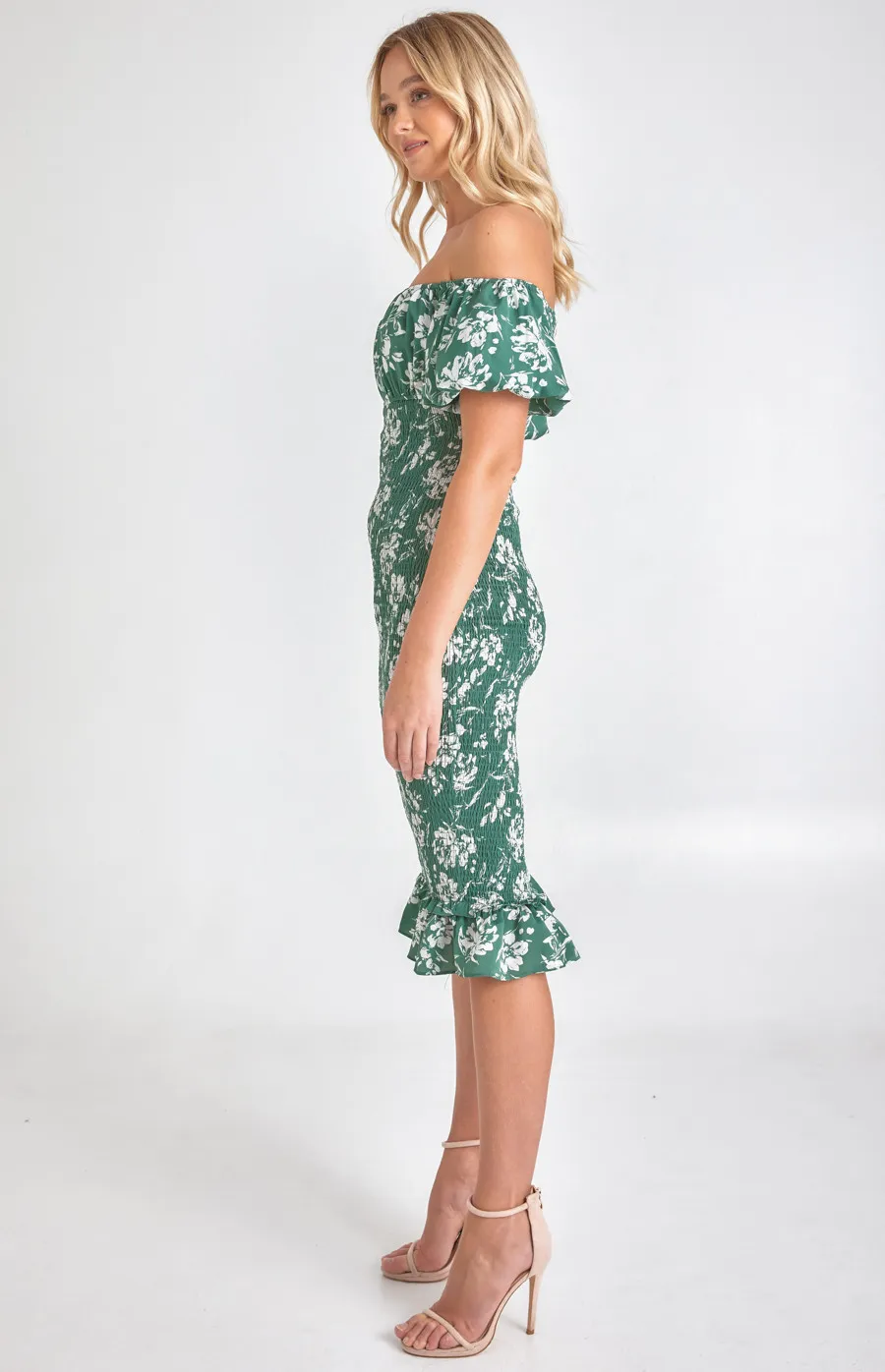 Printed Off the Shoulder Puff Sleeve Shirred Midi Dress (SDR1067A)