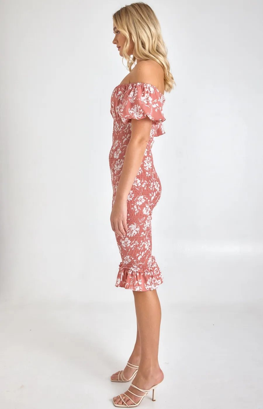 Printed Off the Shoulder Puff Sleeve Shirred Midi Dress (SDR1067A)