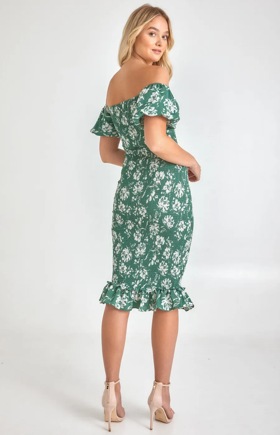 Printed Off the Shoulder Puff Sleeve Shirred Midi Dress (SDR1067A)