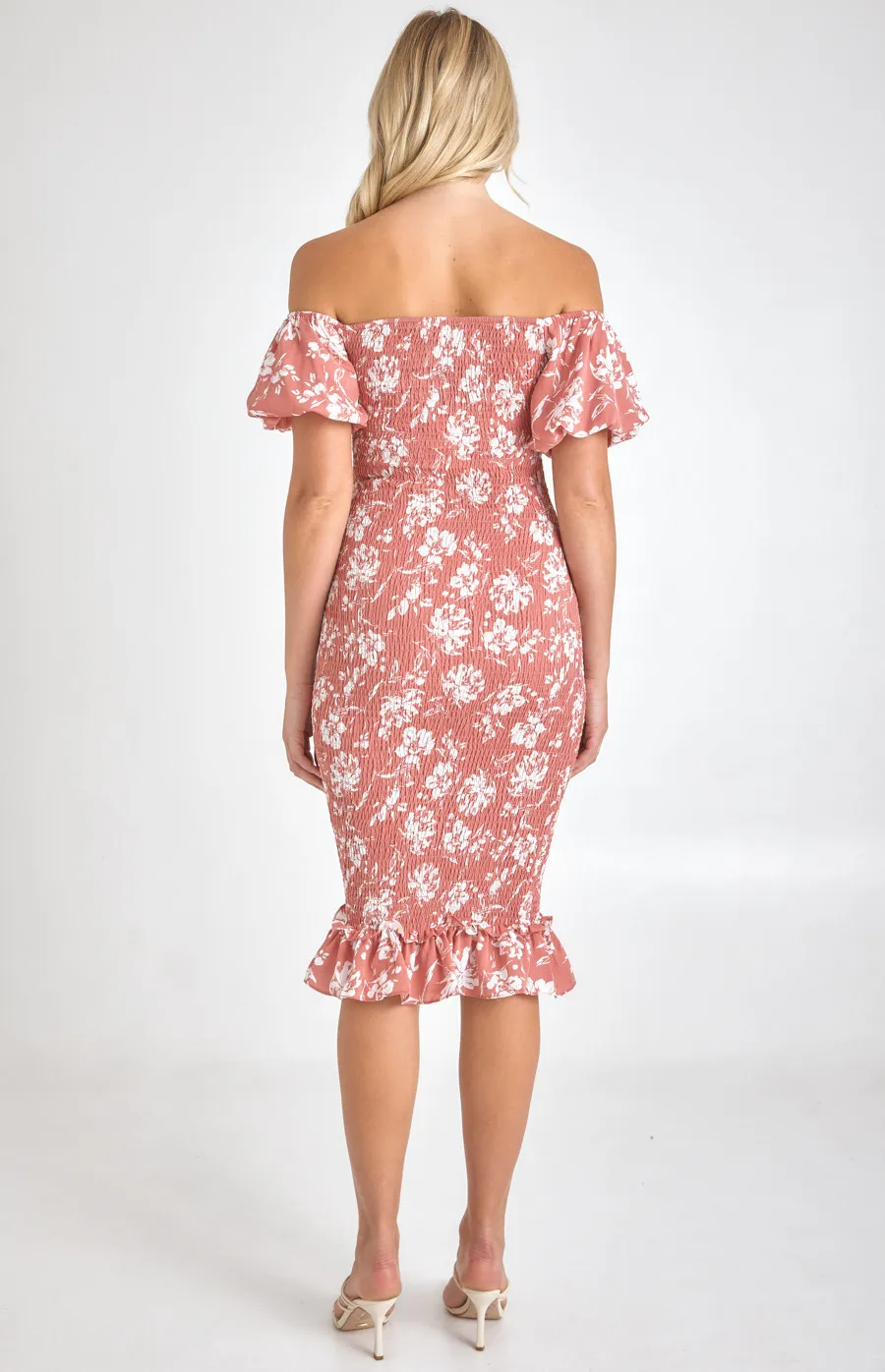 Printed Off the Shoulder Puff Sleeve Shirred Midi Dress (SDR1067A)