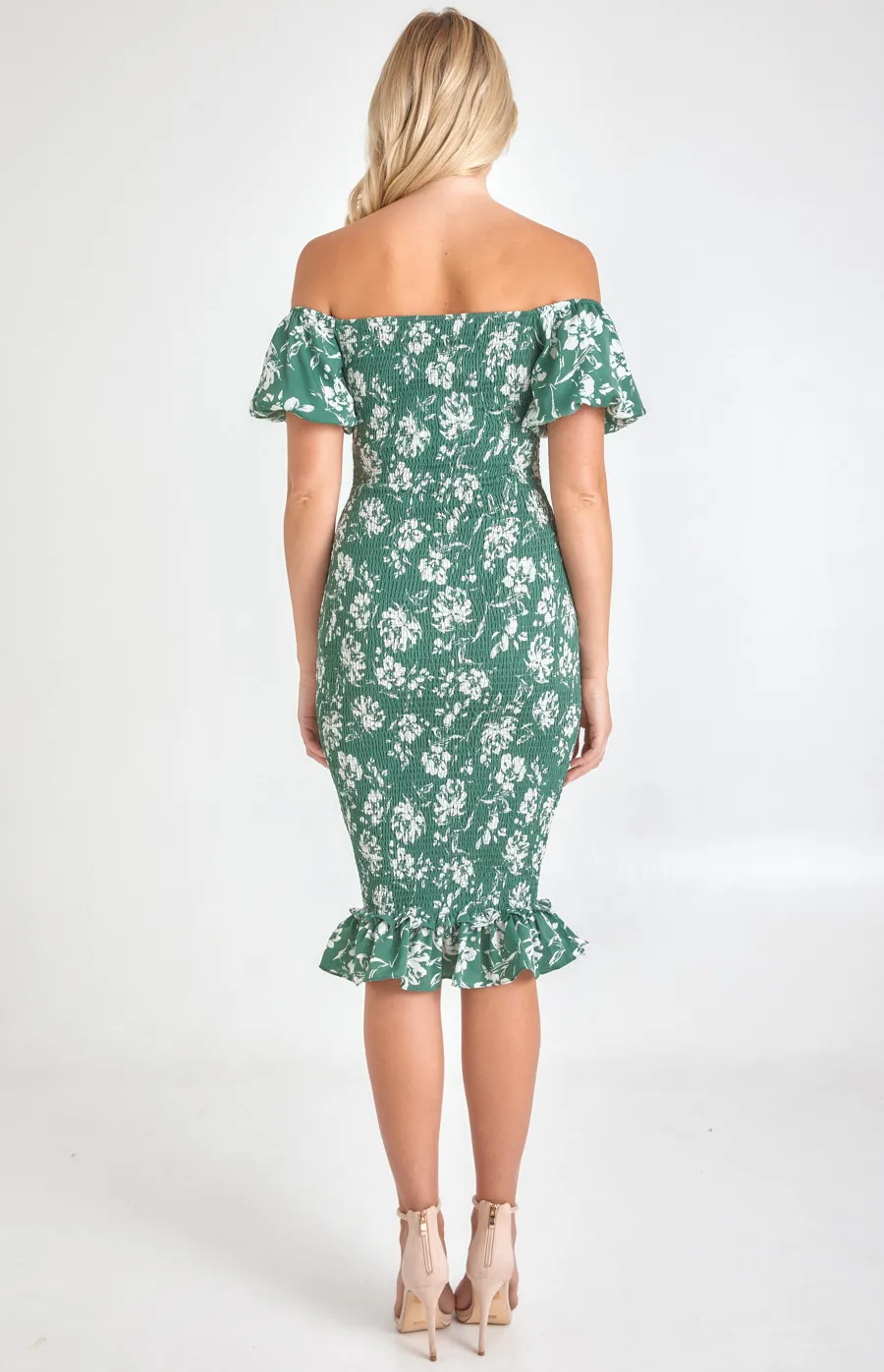 Printed Off the Shoulder Puff Sleeve Shirred Midi Dress (SDR1067A)