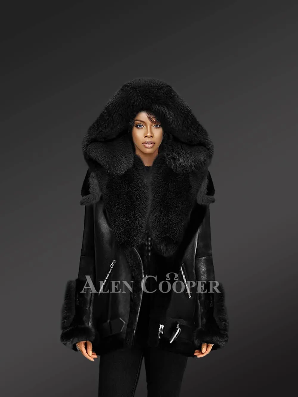 Real Shearling Coat Women with Accentuated Cuffs and Collar