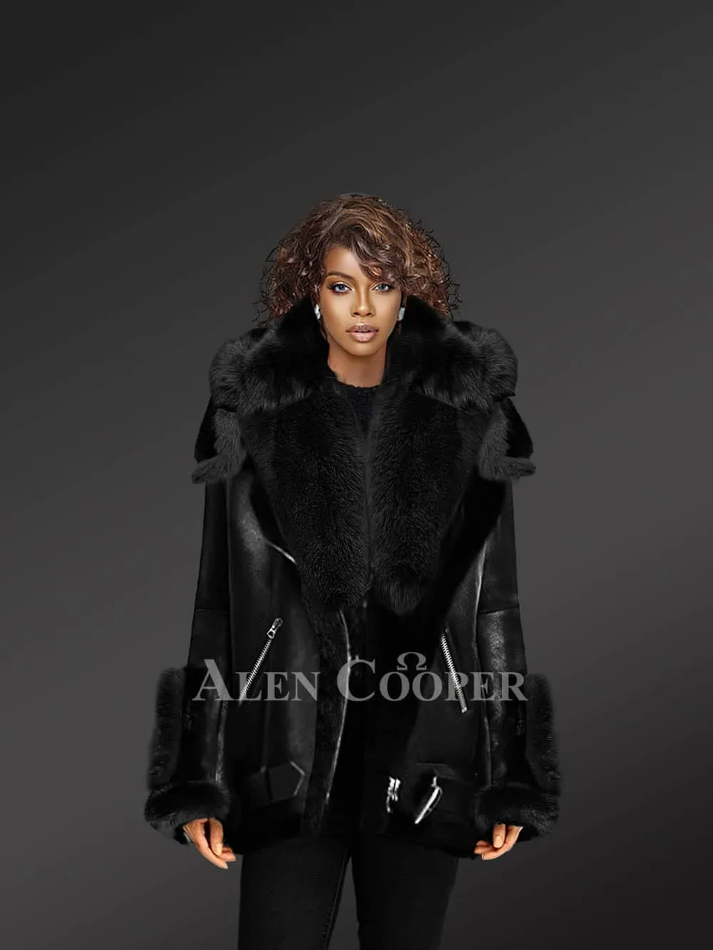 Real Shearling Coat Women with Accentuated Cuffs and Collar