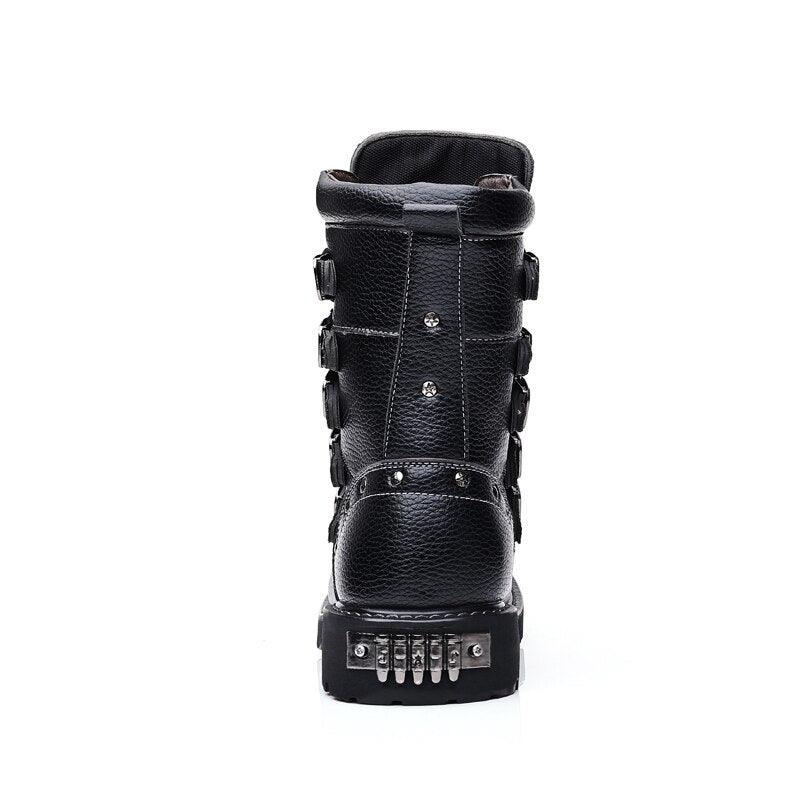 Rev up Your Style with Leather Motorcycle Mid-calf Military Combat Gothic Belt Punk Boots