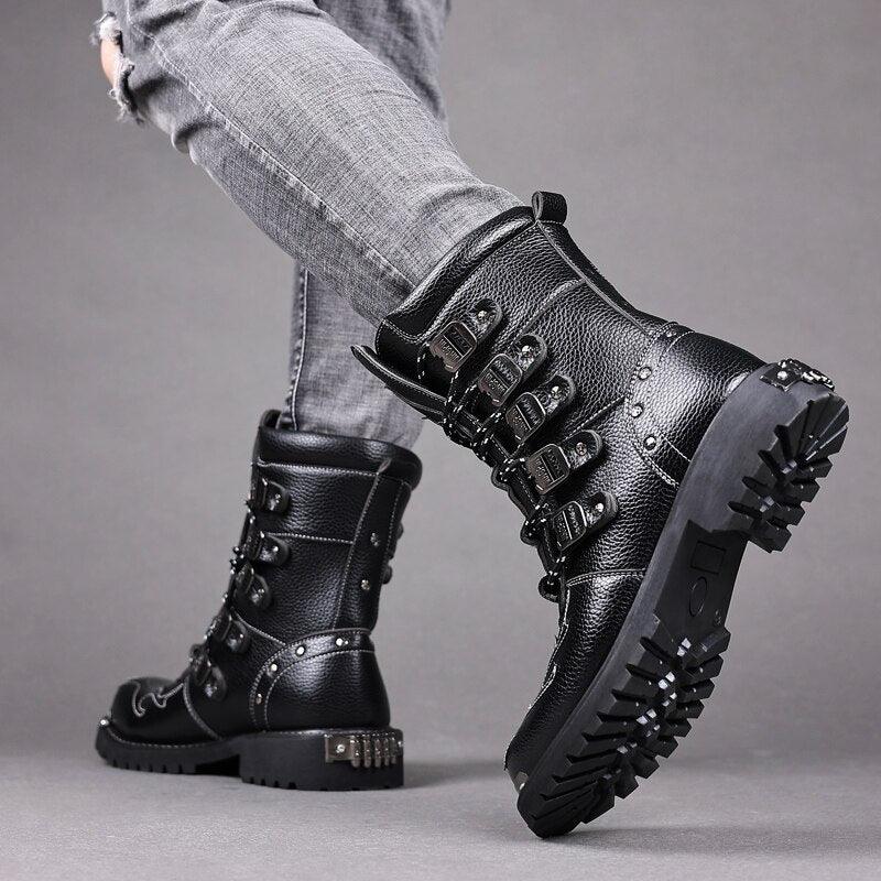 Rev up Your Style with Leather Motorcycle Mid-calf Military Combat Gothic Belt Punk Boots