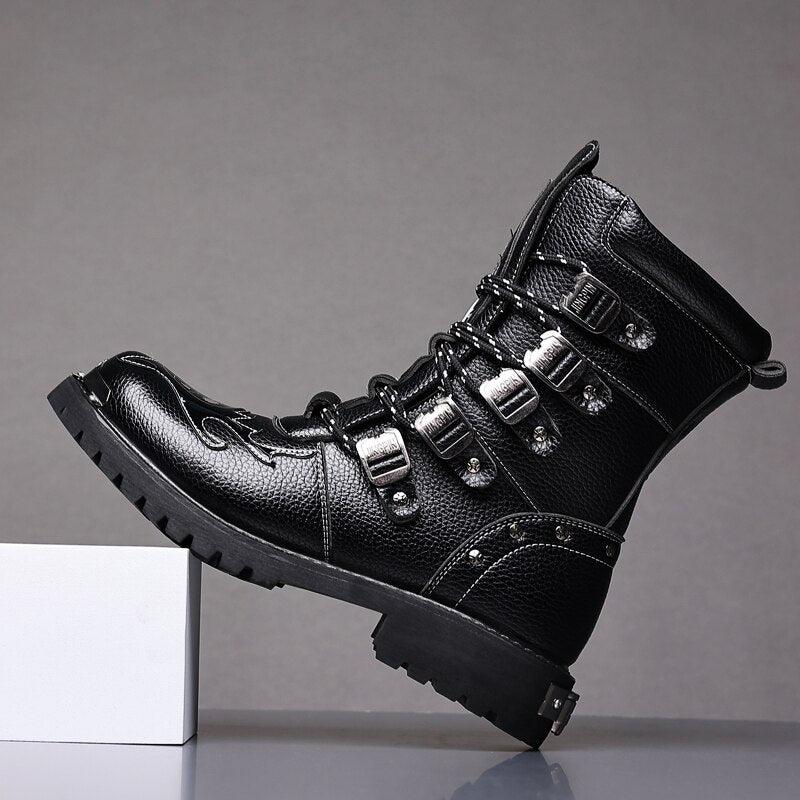 Rev up Your Style with Leather Motorcycle Mid-calf Military Combat Gothic Belt Punk Boots