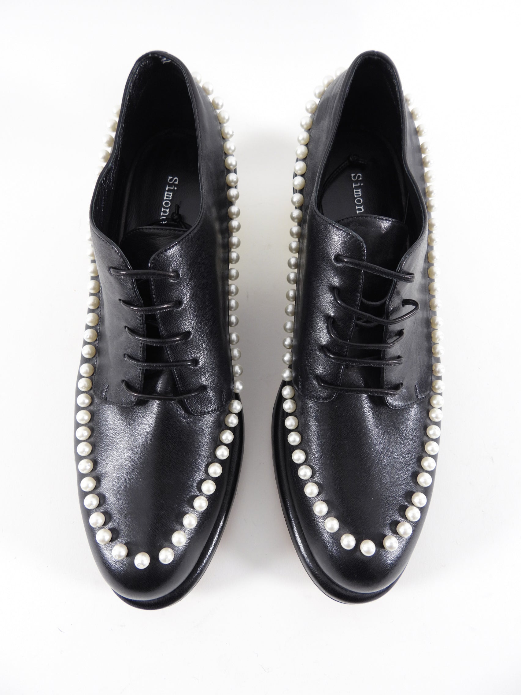 Simone Rocha Black Leather and Pearl Embellished Brogue Shoes - 40