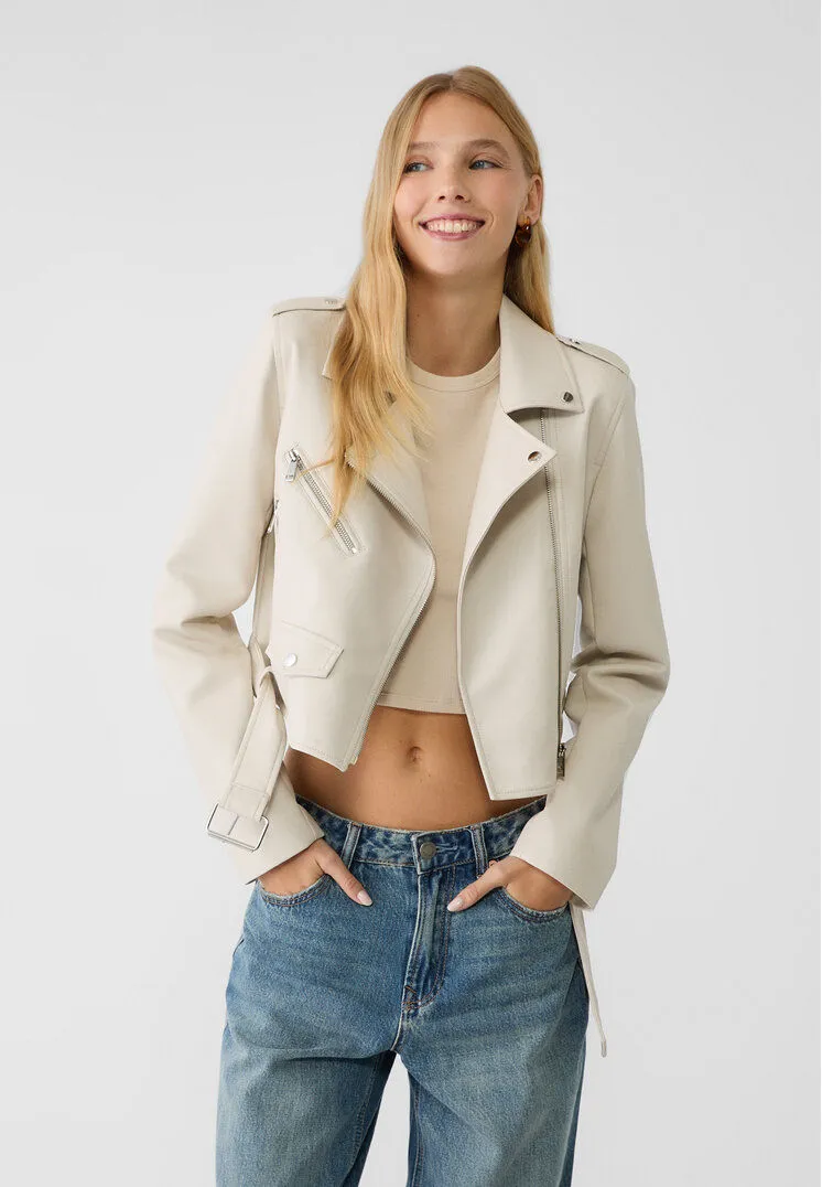 Stradivarius Faux leather biker jacket with belt  Ecru XS