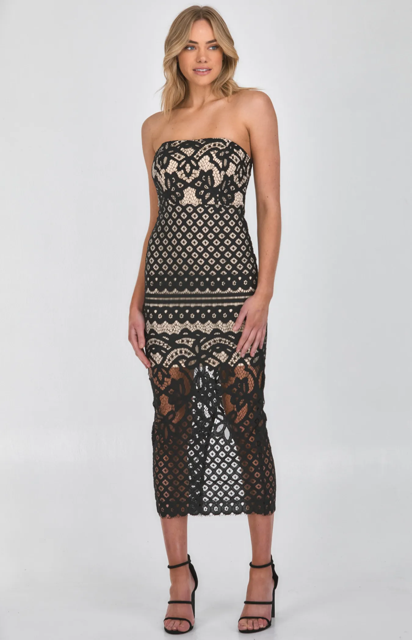 Strapless Lace Placement Panel Midi Dress (SDR894A)