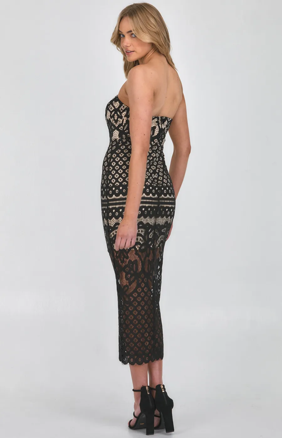 Strapless Lace Placement Panel Midi Dress (SDR894A)