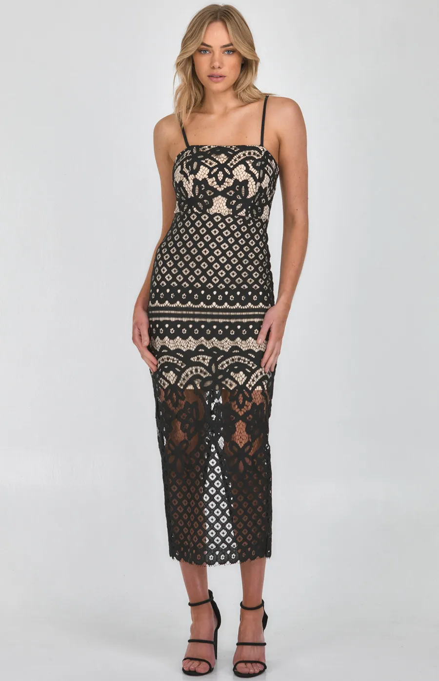 Strapless Lace Placement Panel Midi Dress (SDR894A)