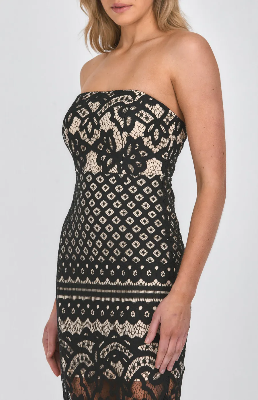 Strapless Lace Placement Panel Midi Dress (SDR894A)