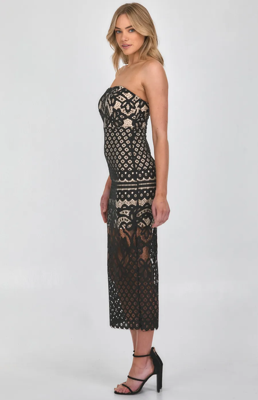 Strapless Lace Placement Panel Midi Dress (SDR894A)