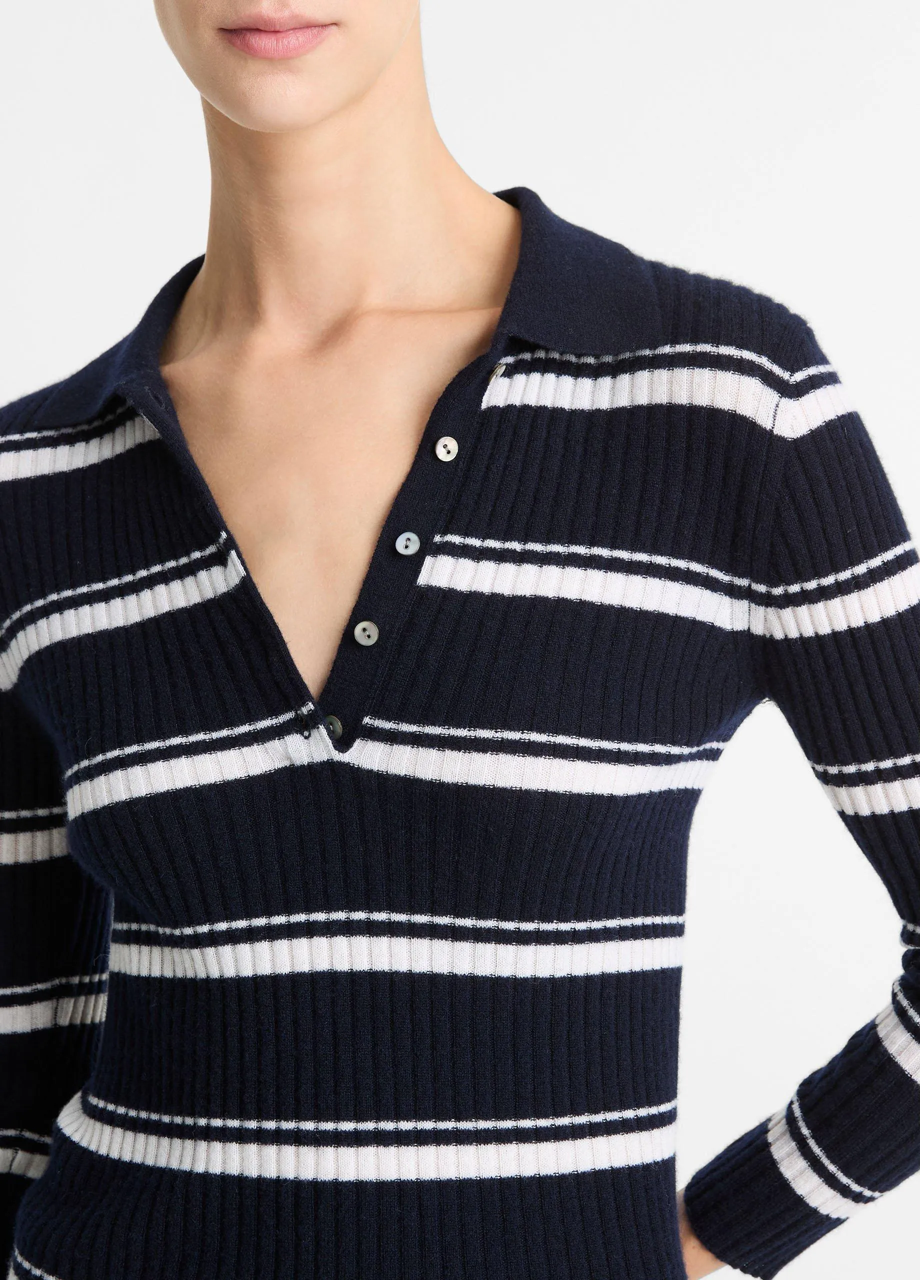 Striped Cashmere-Blend Polo Sweater