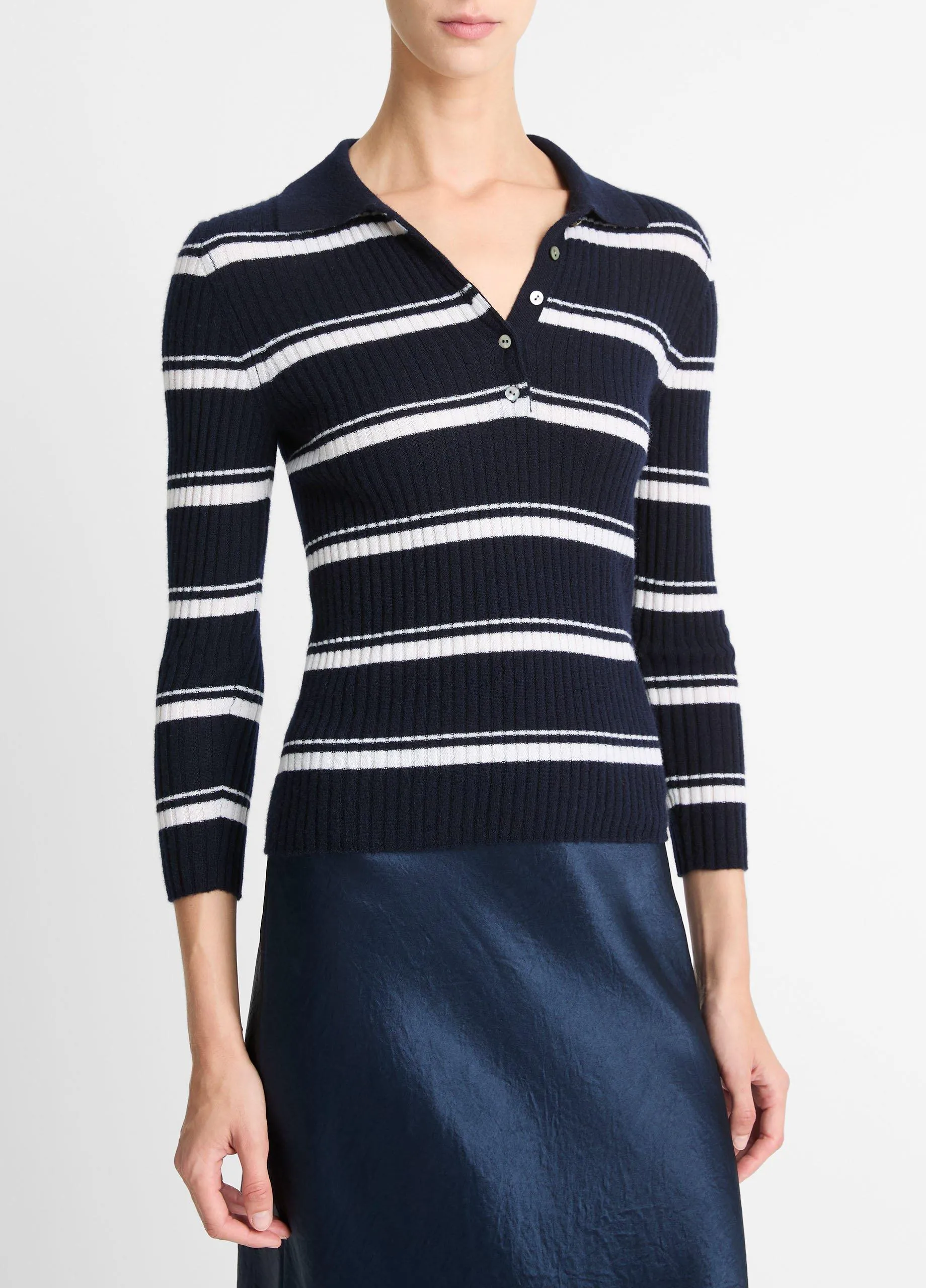 Striped Cashmere-Blend Polo Sweater