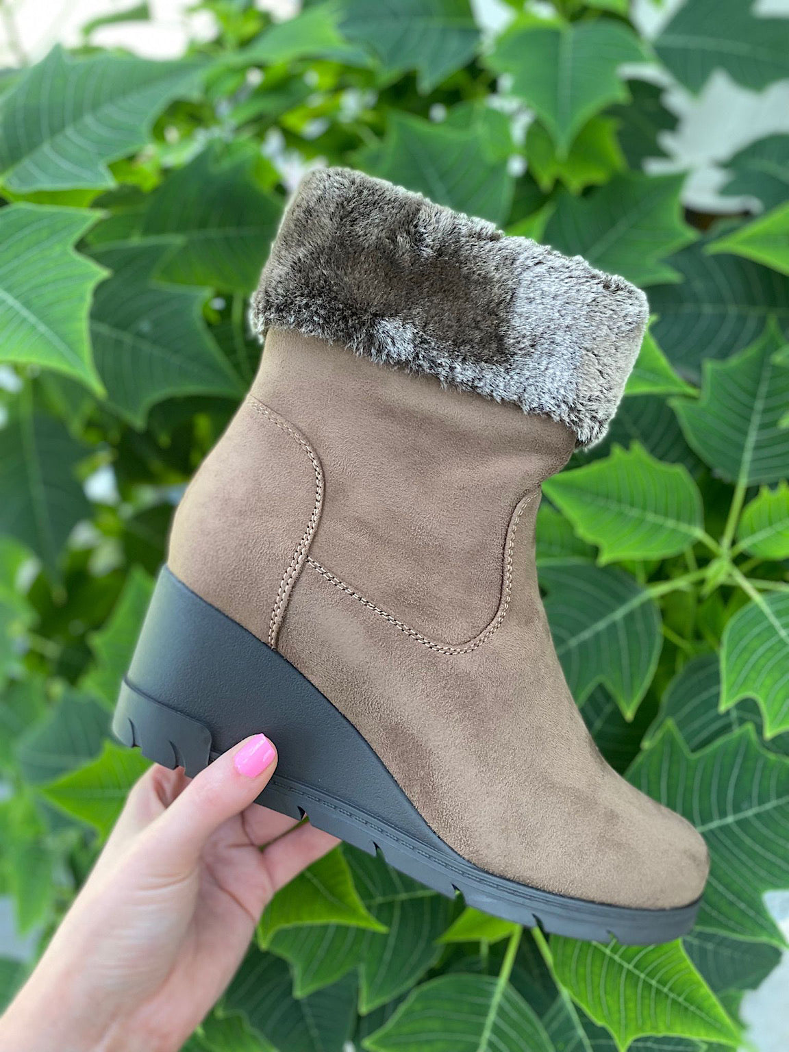 Suede Style Faux Fur Wedge Boots