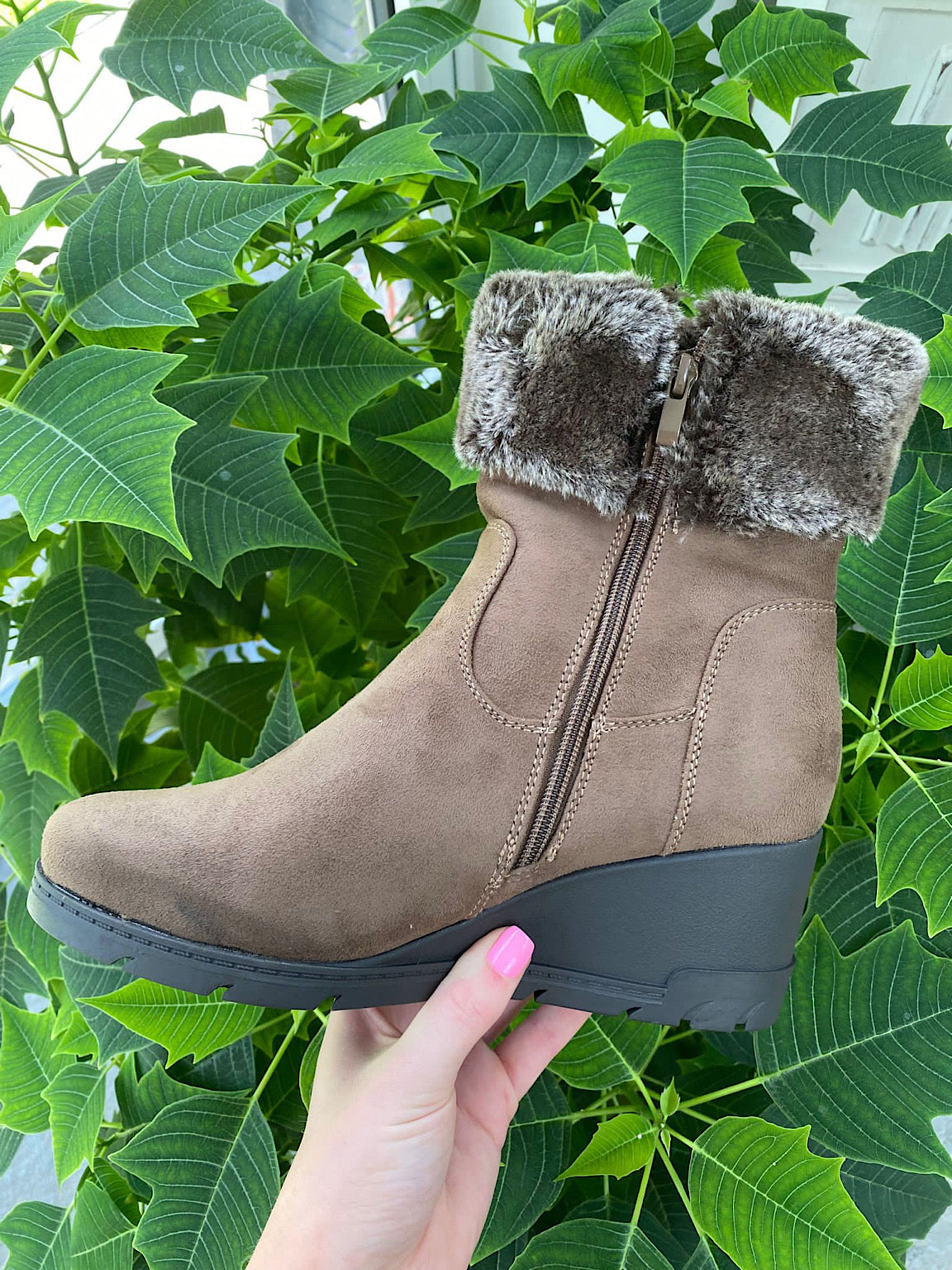 Suede Style Faux Fur Wedge Boots