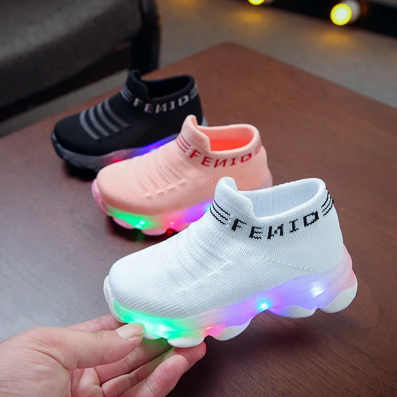 Tenis para Niños Kids Sneakers Children Baby Girls Boys Letter Mesh Led Luminous Socks Sport Run Sneakers Shoes Light Up Shoes