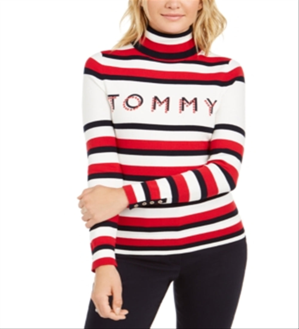 Tommy Hilfiger Women's Striped Button Sleeve Turtleneck Sweater White Size X-Large