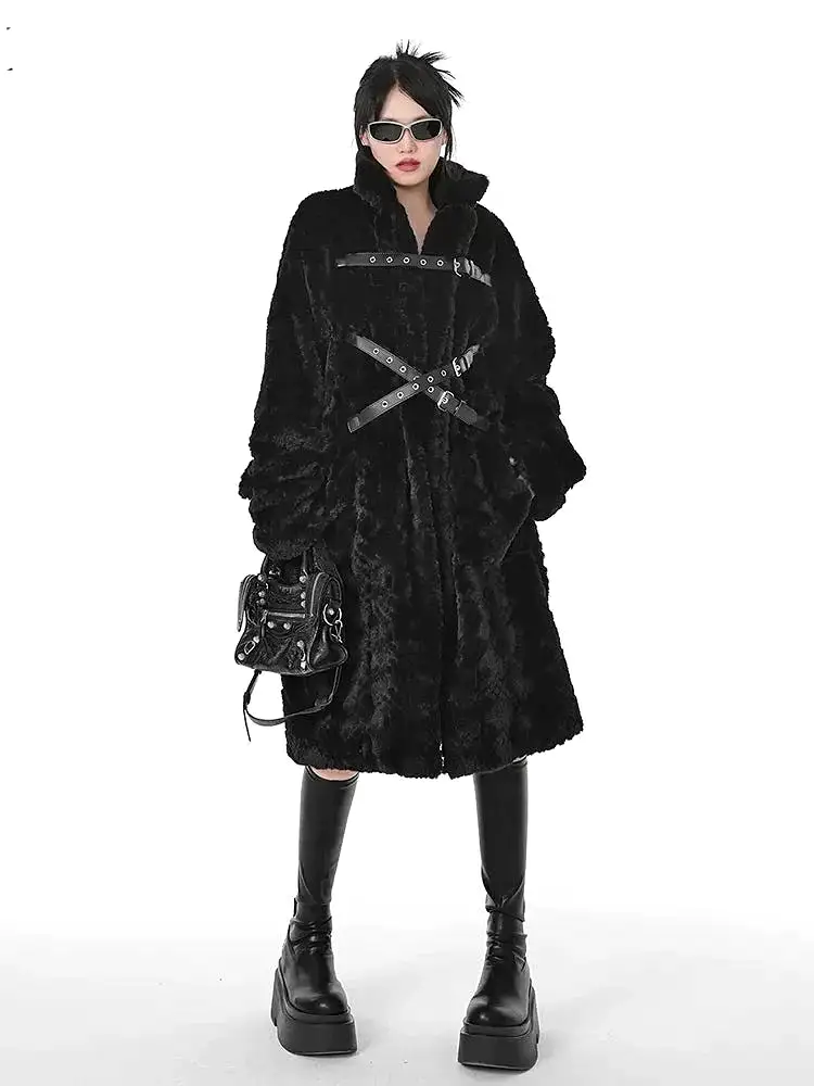 Winter Cool Black Fuzzy Faux Fur Coat Women Stand Collar Punk Style Fluffy Jacket 2023