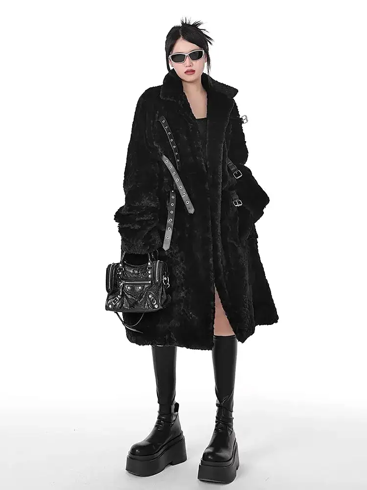 Winter Cool Black Fuzzy Faux Fur Coat Women Stand Collar Punk Style Fluffy Jacket 2023