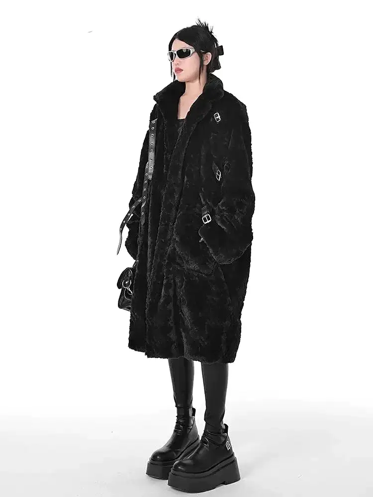 Winter Cool Black Fuzzy Faux Fur Coat Women Stand Collar Punk Style Fluffy Jacket 2023