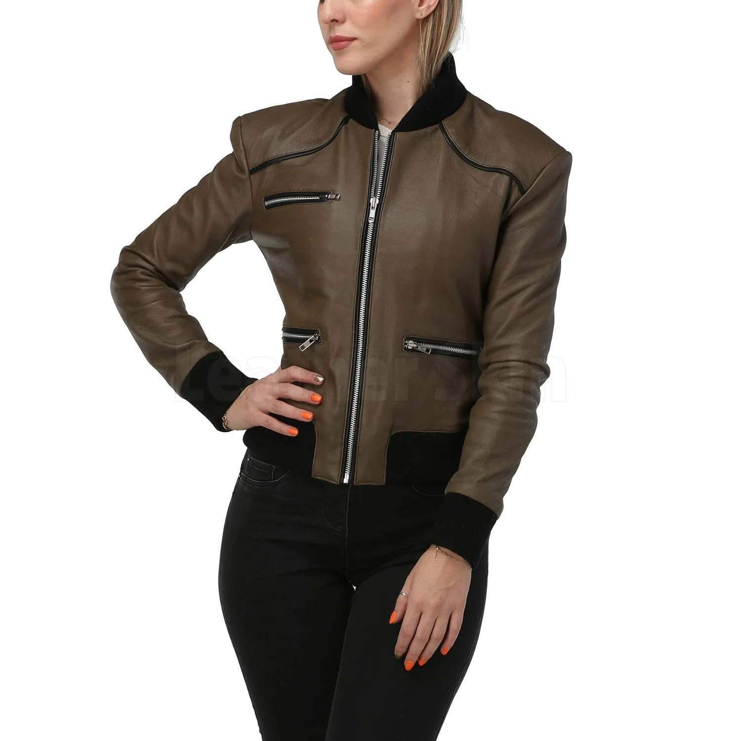 Women Army Green Leather Jacket - Leather Skin Shop