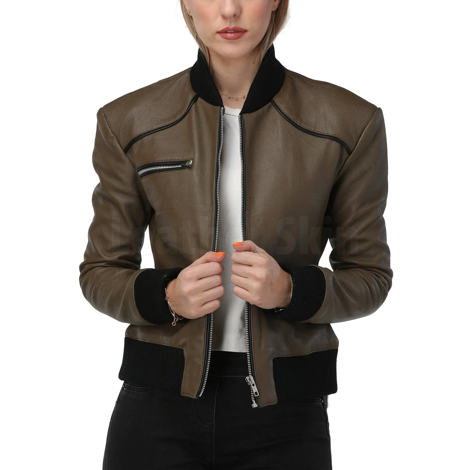 Women Army Green Leather Jacket - Leather Skin Shop