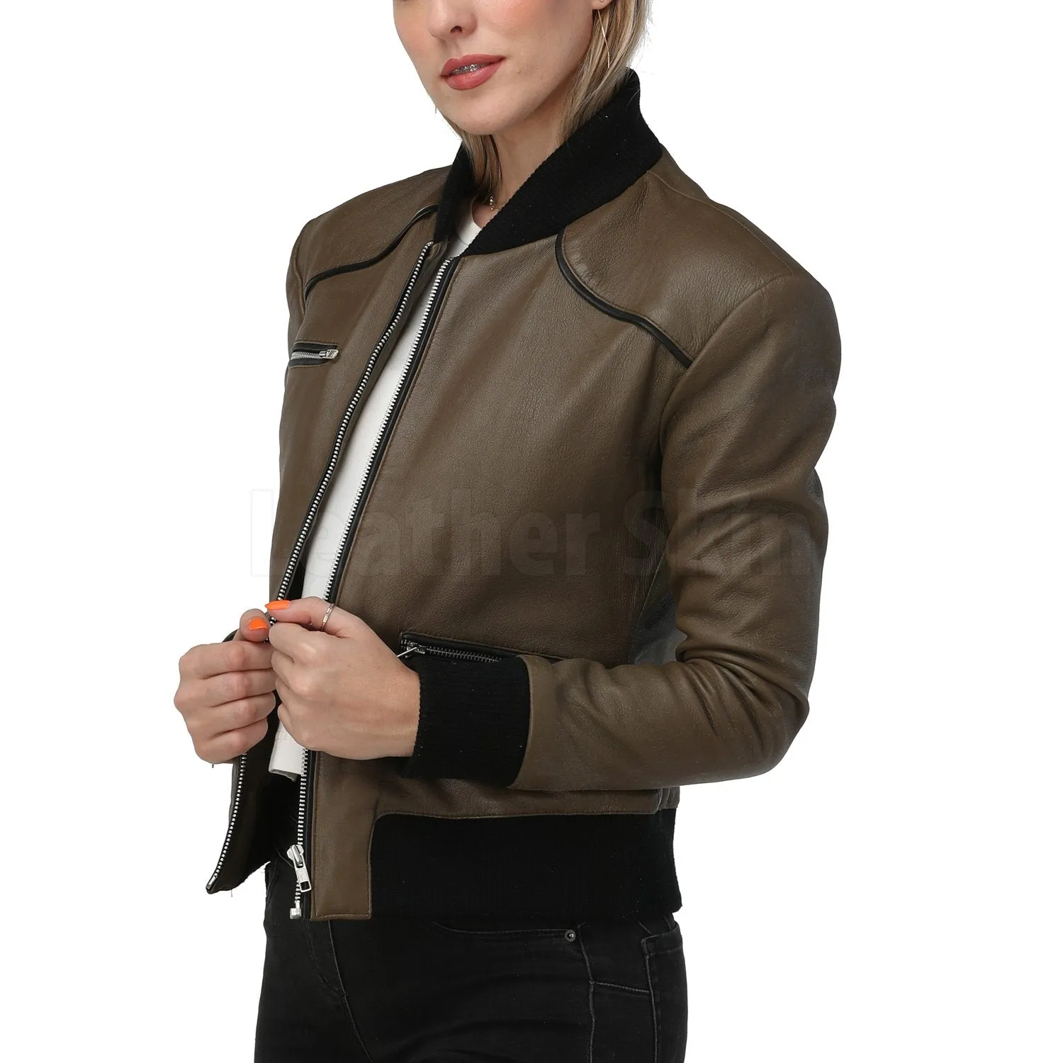 Women Army Green Leather Jacket - Leather Skin Shop