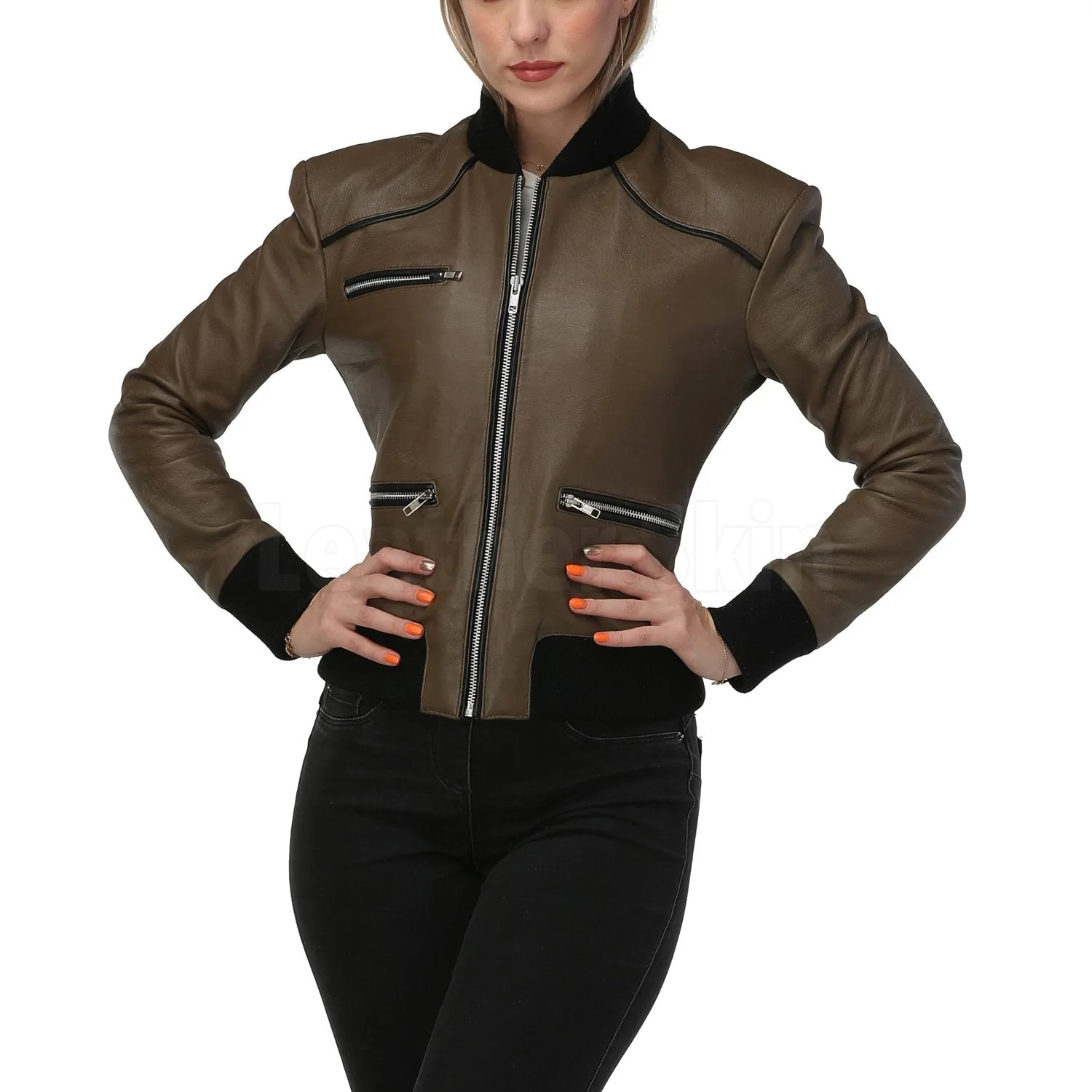 Women Army Green Leather Jacket - Leather Skin Shop