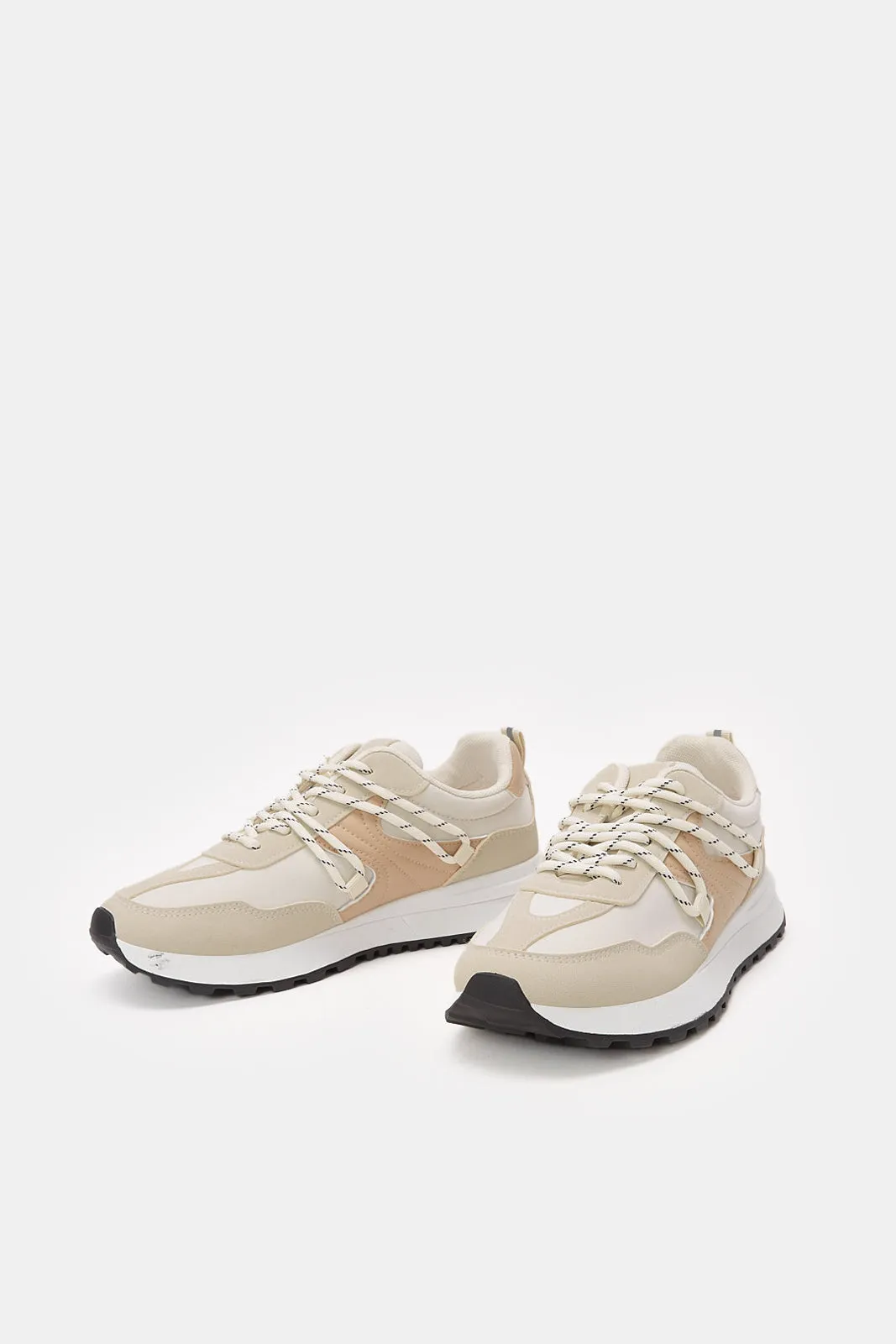 Women Beige Sporty Lace Up Sneakers