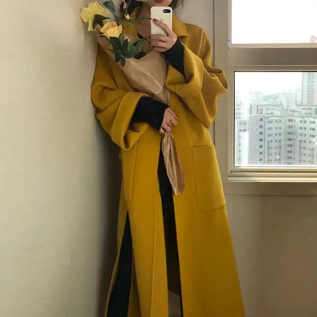 Women Elegant Solid Long Wool Coat Women Batwing Coat Split Hem Chic Stylish Jacket Winter Autumn