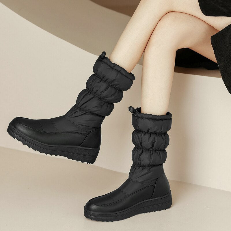 Women's Black Winter Warm Plush Cozy Flat with Mid-Calf Snow Boots