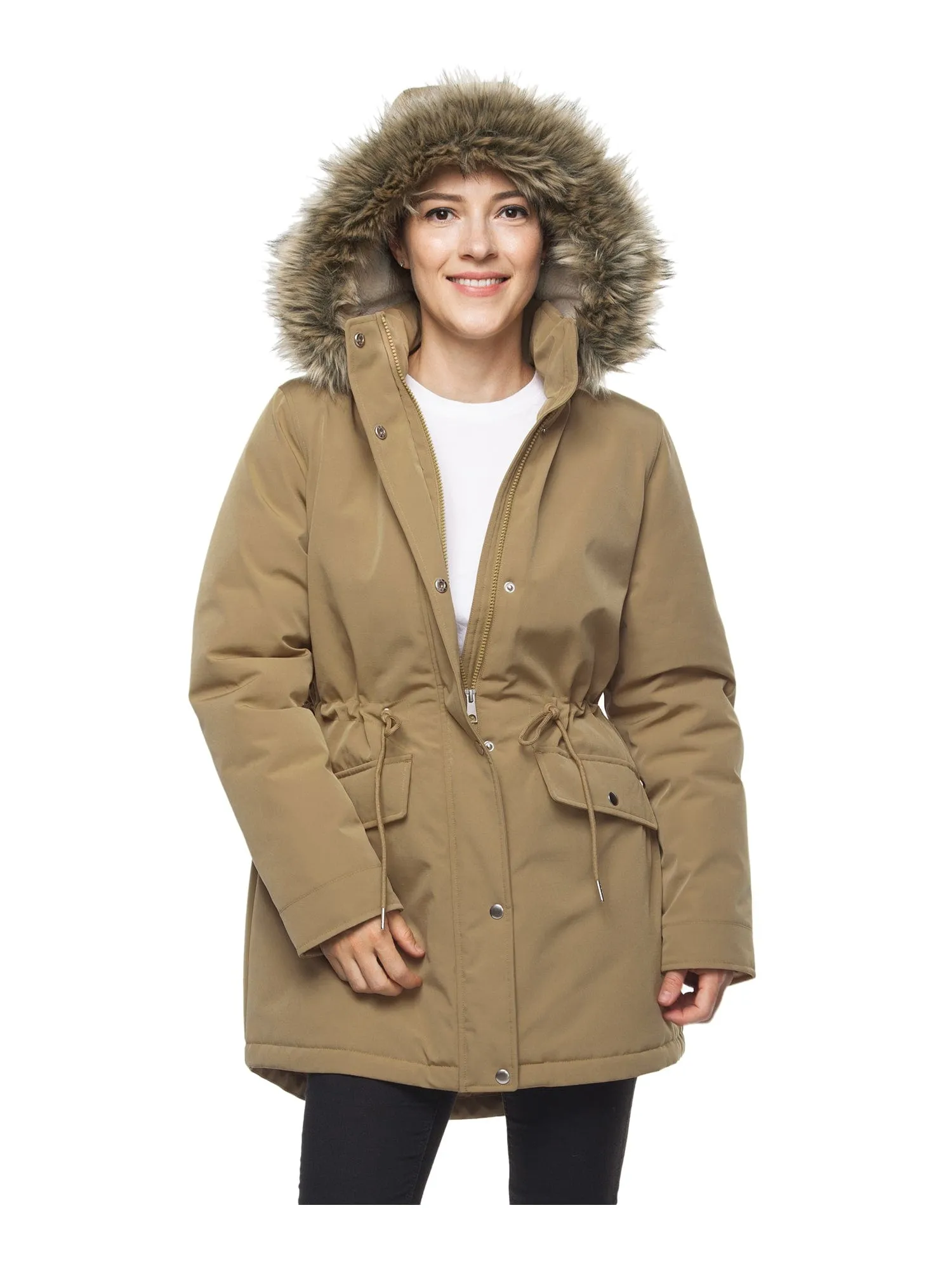 Women's Lightweight Parka Jacket with Faux Fur Hood