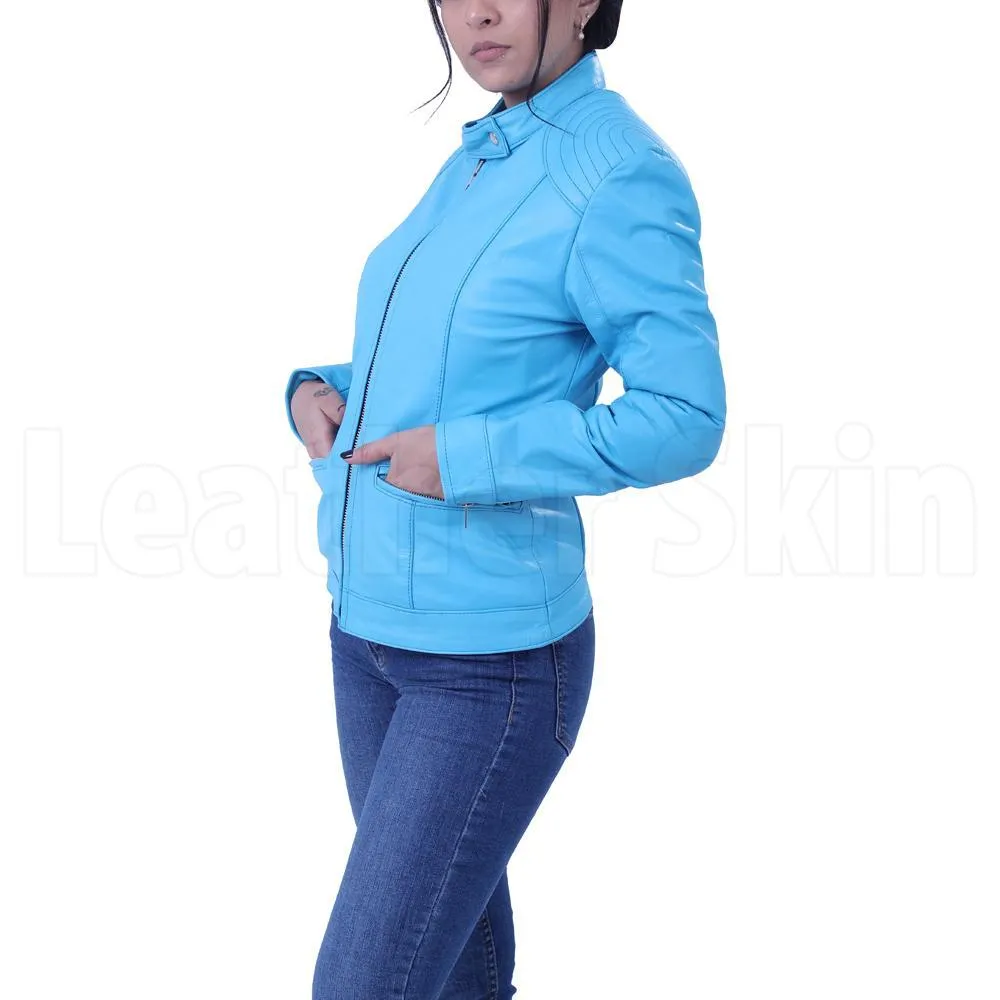 Women’s Sky Blue Leather Jacket - Leather Skin Shop