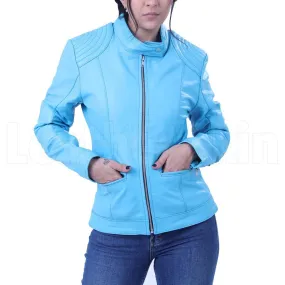 Women’s Sky Blue Leather Jacket - Leather Skin Shop