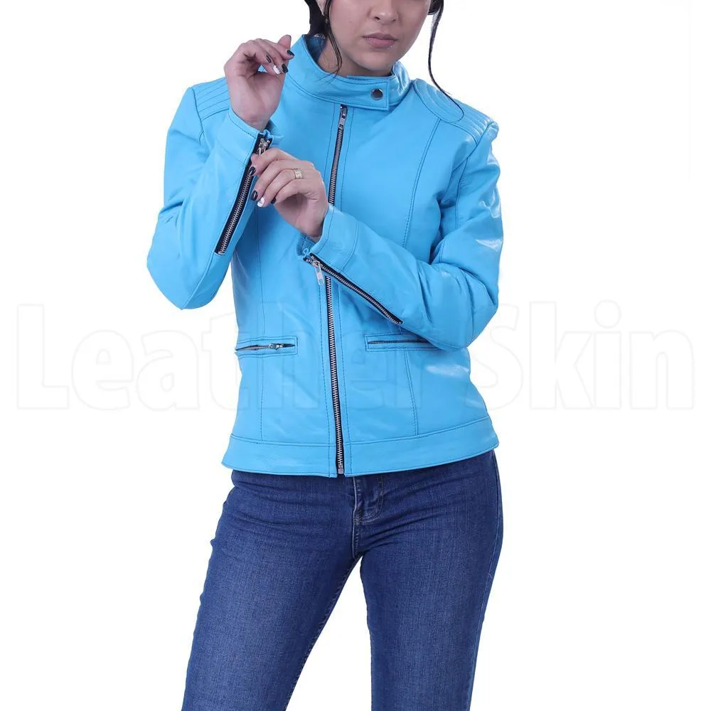 Women’s Sky Blue Leather Jacket - Leather Skin Shop