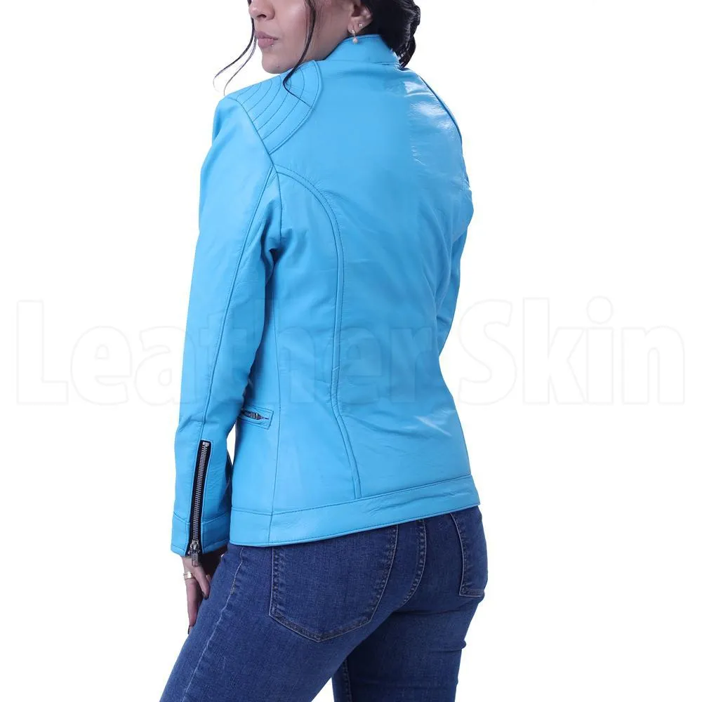 Women’s Sky Blue Leather Jacket - Leather Skin Shop