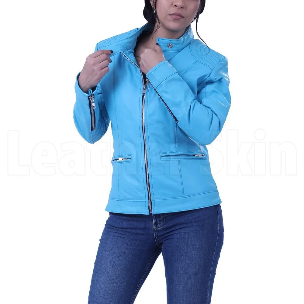 Women’s Sky Blue Leather Jacket - Leather Skin Shop